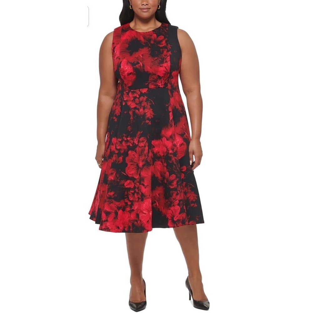NWT Calvin Klein Sleeveless Red Black Floral‎ MIdi Fit Flare Cocktail Dress 20W
